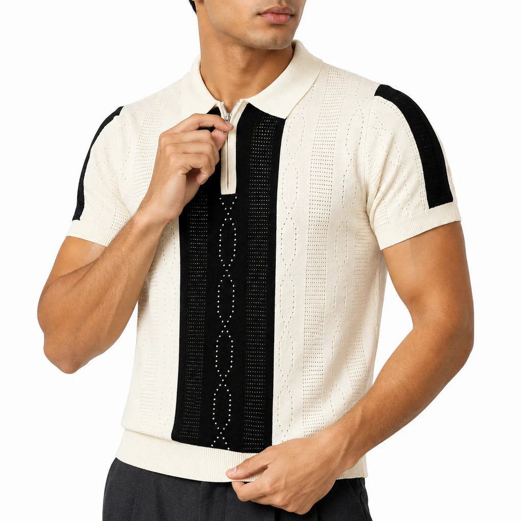 Monaco Ribbed Knit Zip Polo Tee – Cream & Black