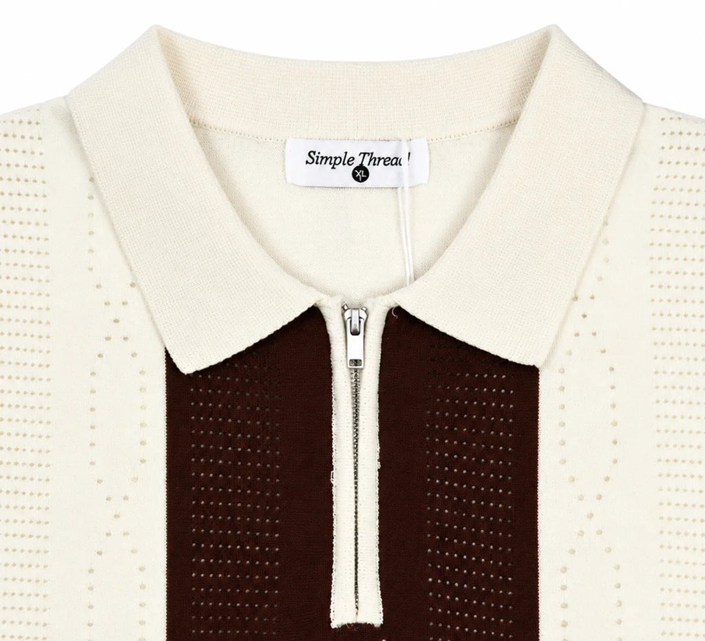 Monaco Ribbed Knit Zip Polo Tee – Cream & Maroon