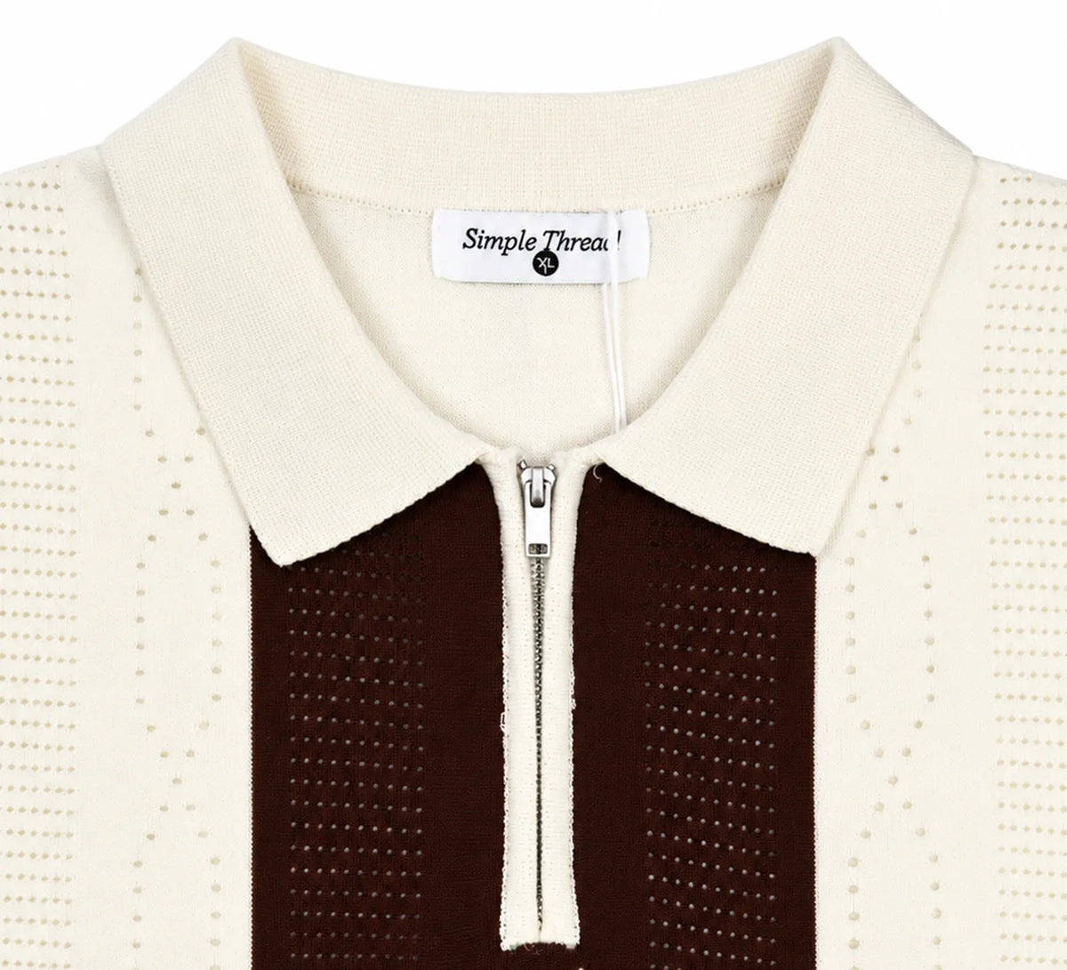 Monaco Ribbed Knit Zip Polo Tee – Cream & Maroon