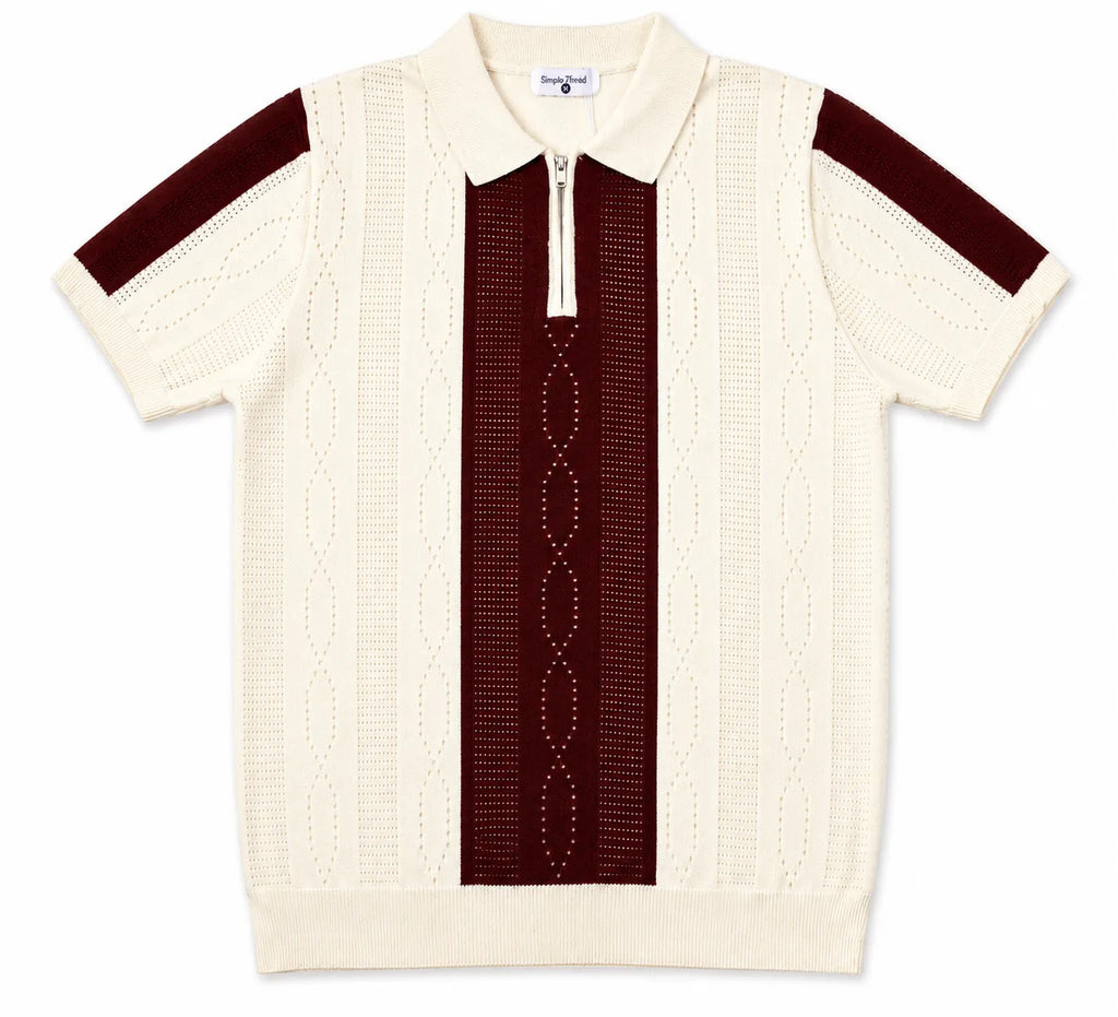 Monaco Ribbed Knit Zip Polo Tee – Cream & Maroon