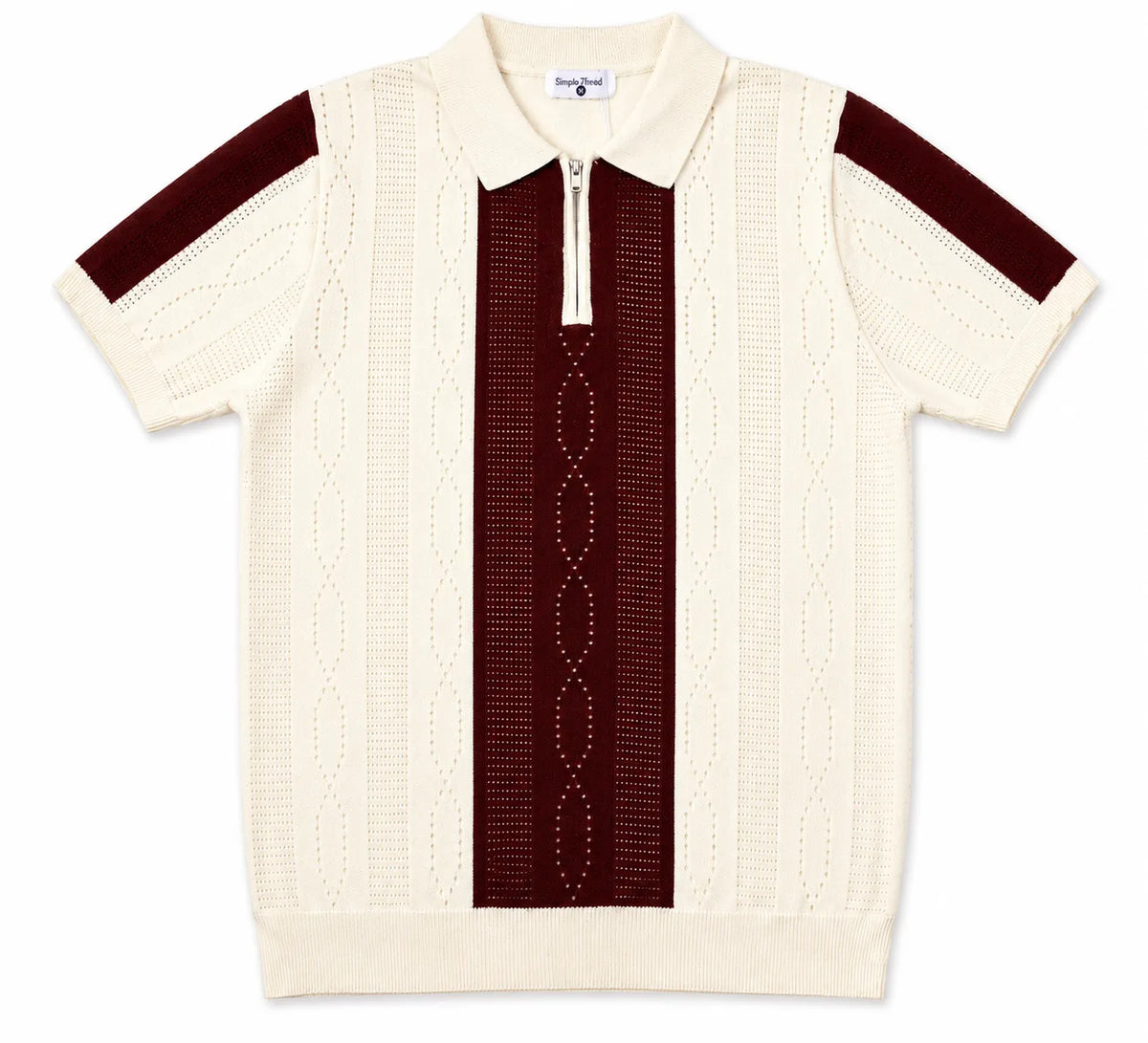 Monaco Ribbed Knit Zip Polo Tee – Cream & Maroon
