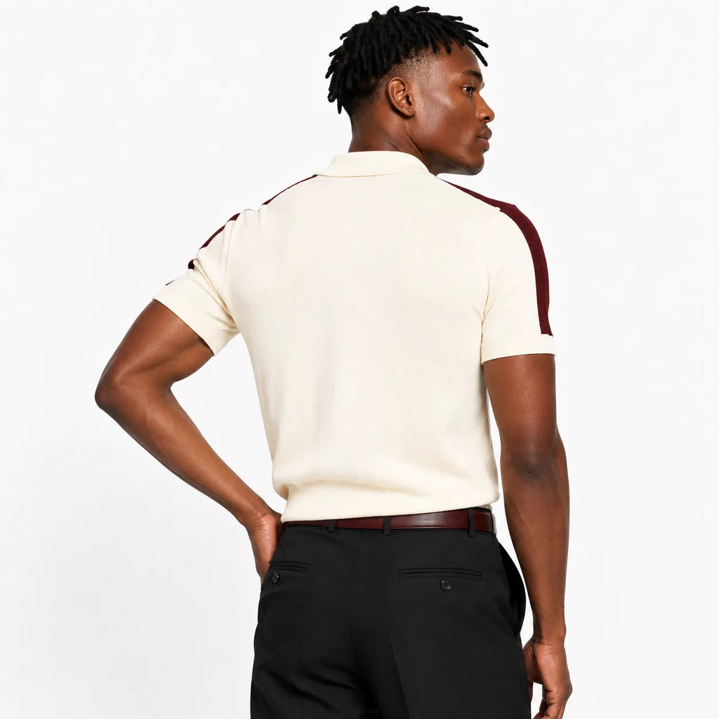 Monaco Ribbed Knit Zip Polo Tee – Cream & Maroon