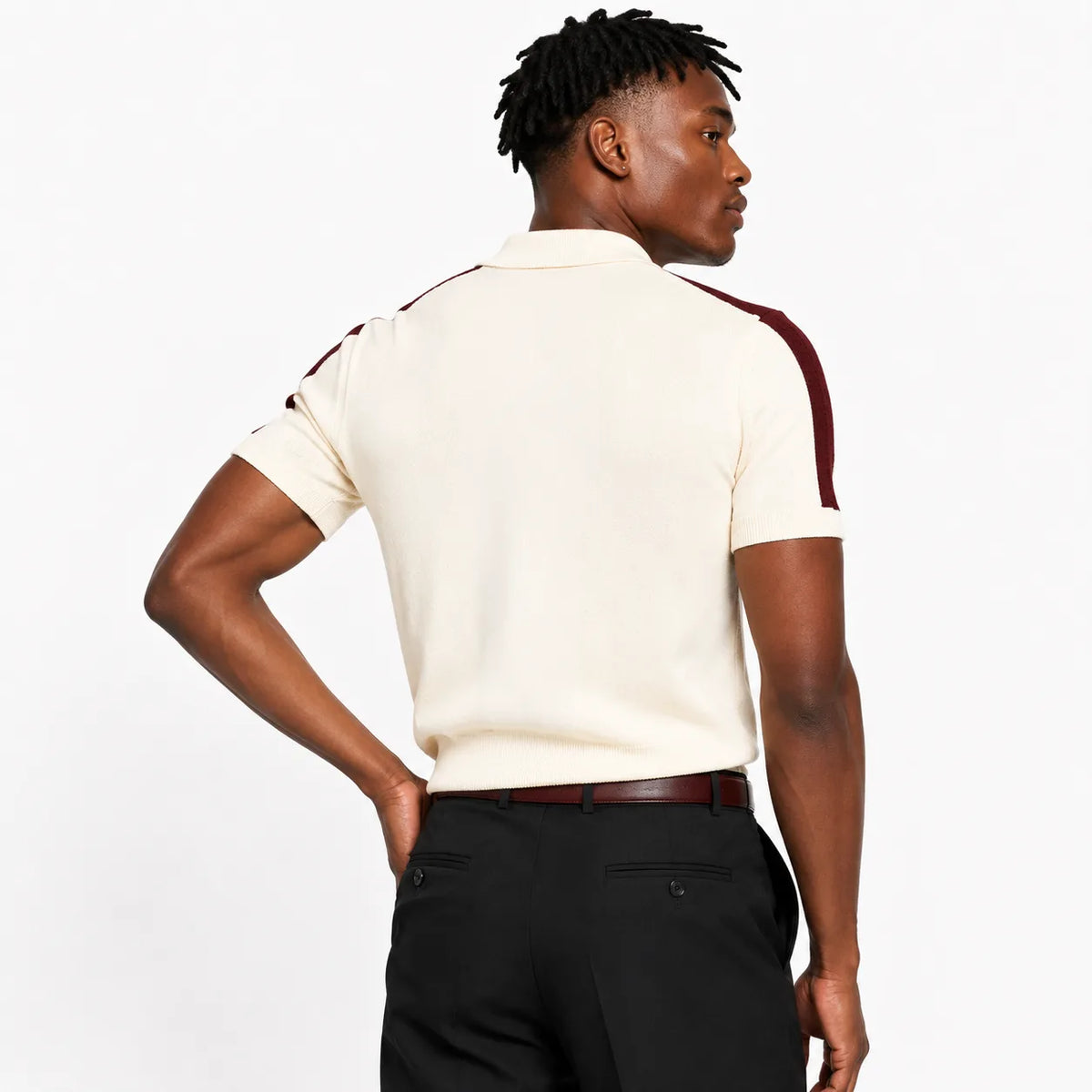 Monaco Ribbed Knit Zip Polo Tee – Cream & Maroon