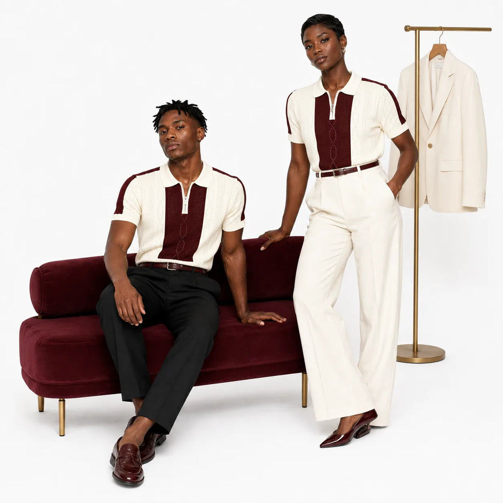Monaco Ribbed Knit Zip Polo Tee – Cream & Maroon