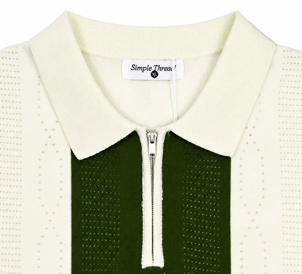 Monaco Ribbed Knit Zip Polo Tee – Cream & Green