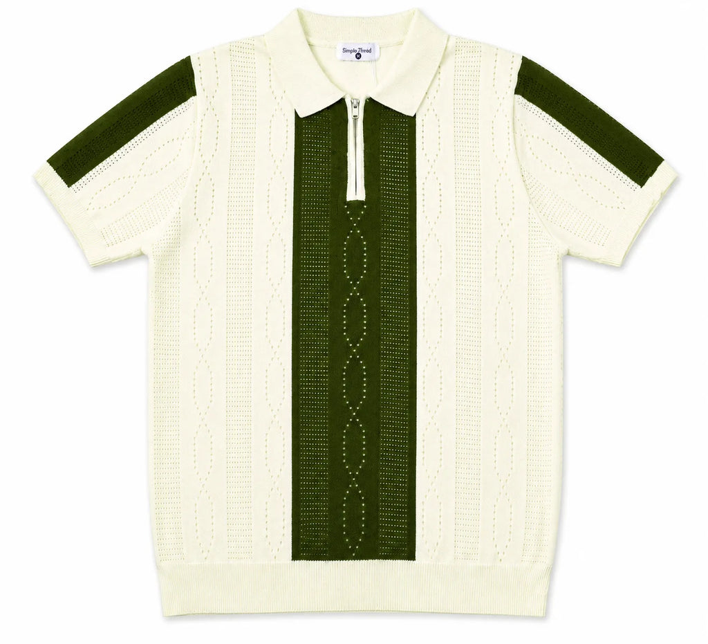 Monaco Ribbed Knit Zip Polo Tee – Cream & Green