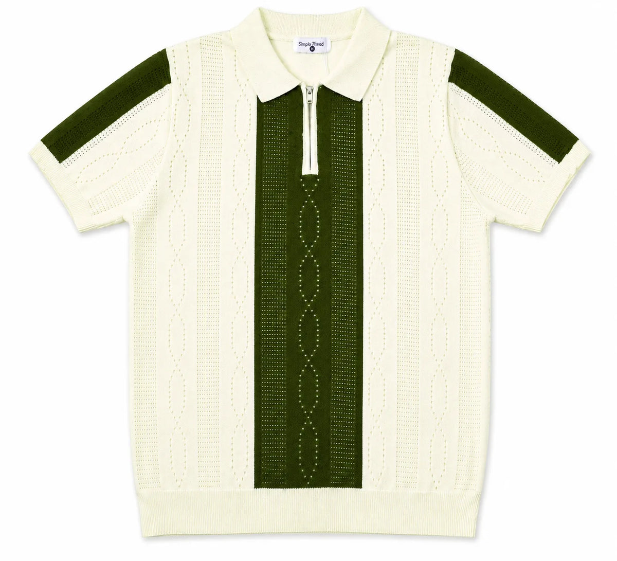 Monaco Ribbed Knit Zip Polo Tee – Cream & Green