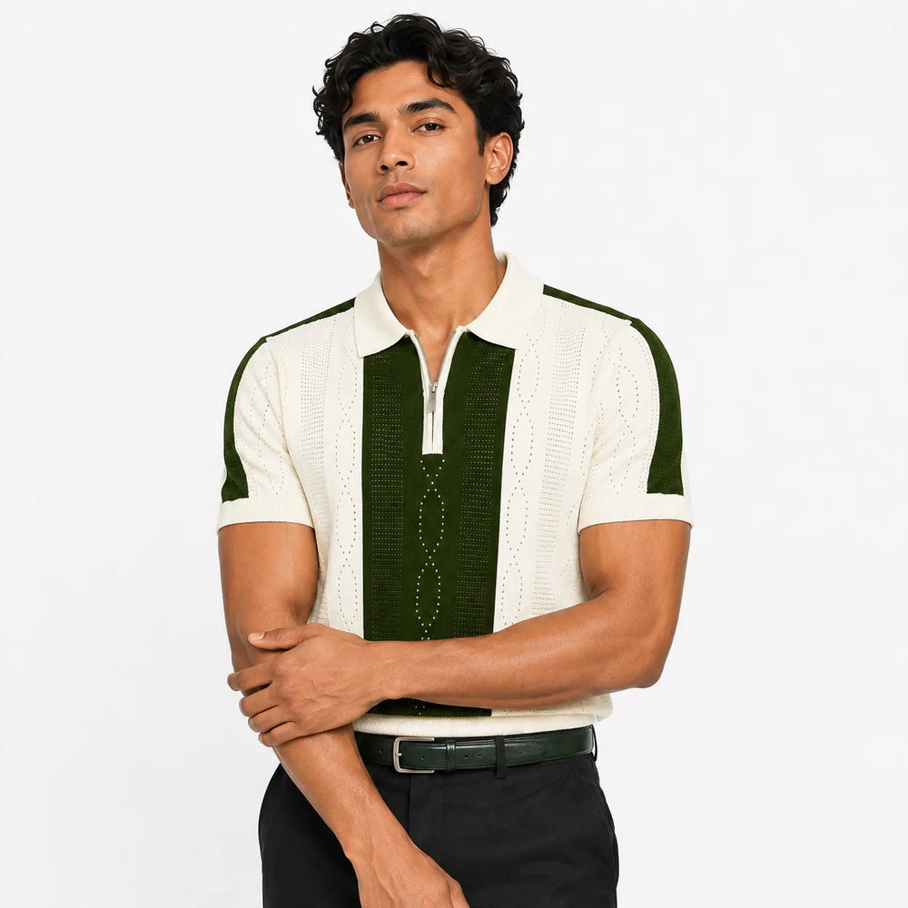 Monaco Ribbed Knit Zip Polo Tee – Cream & Green