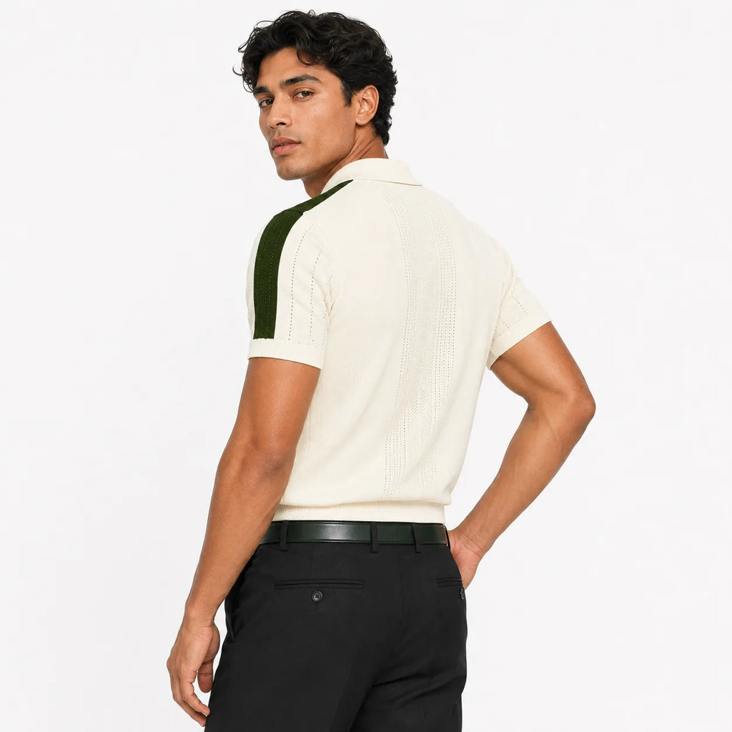 Monaco Ribbed Knit Zip Polo Tee – Cream & Green