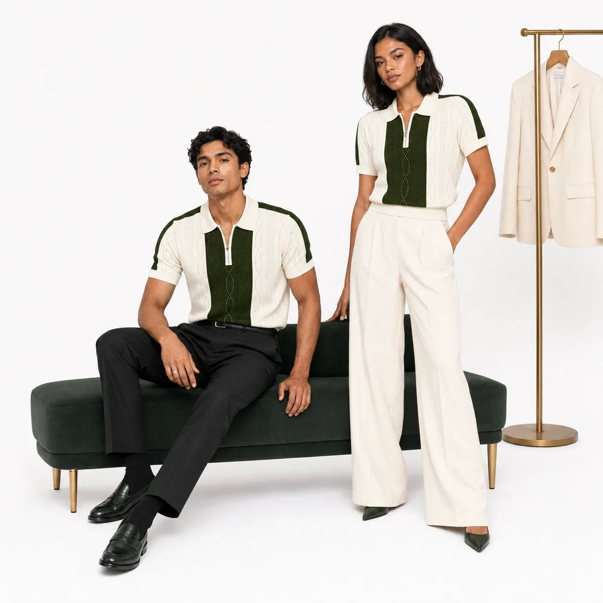 Monaco Ribbed Knit Zip Polo Tee – Cream & Green