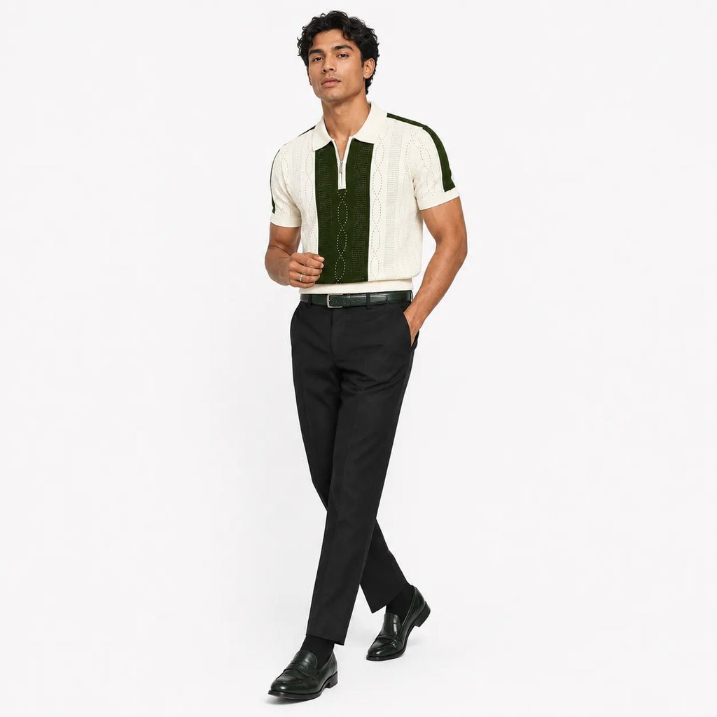 Monaco Ribbed Knit Zip Polo Tee – Cream & Green