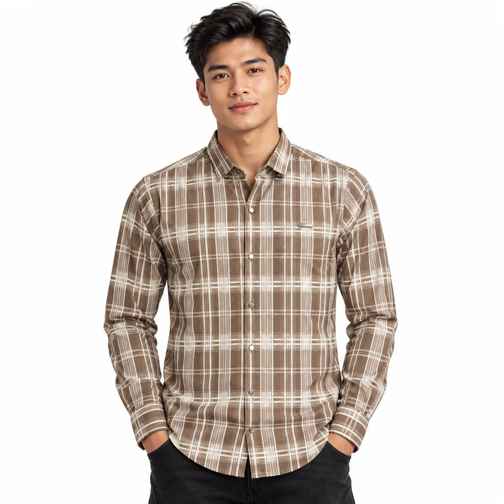 Urban Taupe Windowpane Brown Check Shirt | Slim Fit