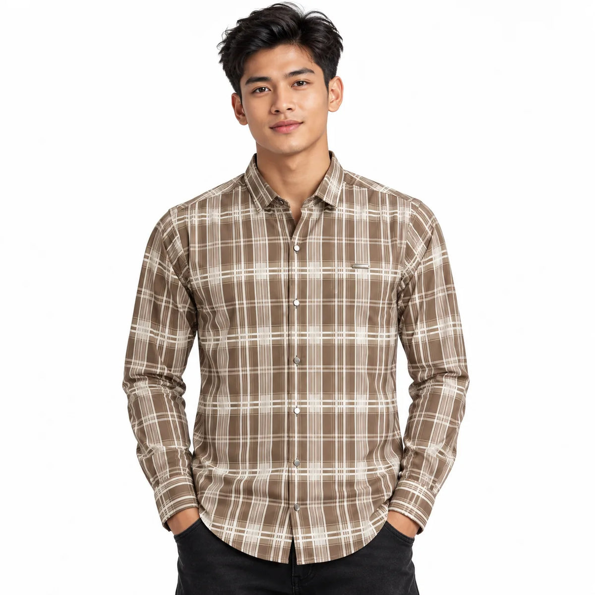 Urban Taupe Windowpane Brown Check Shirt | Slim Fit