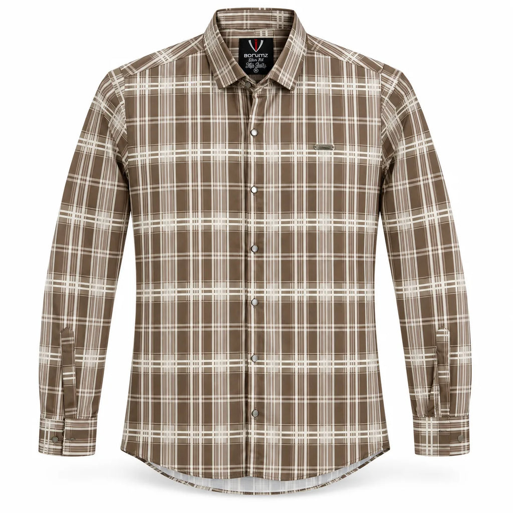 Urban Taupe Windowpane Brown Check Shirt | Slim Fit