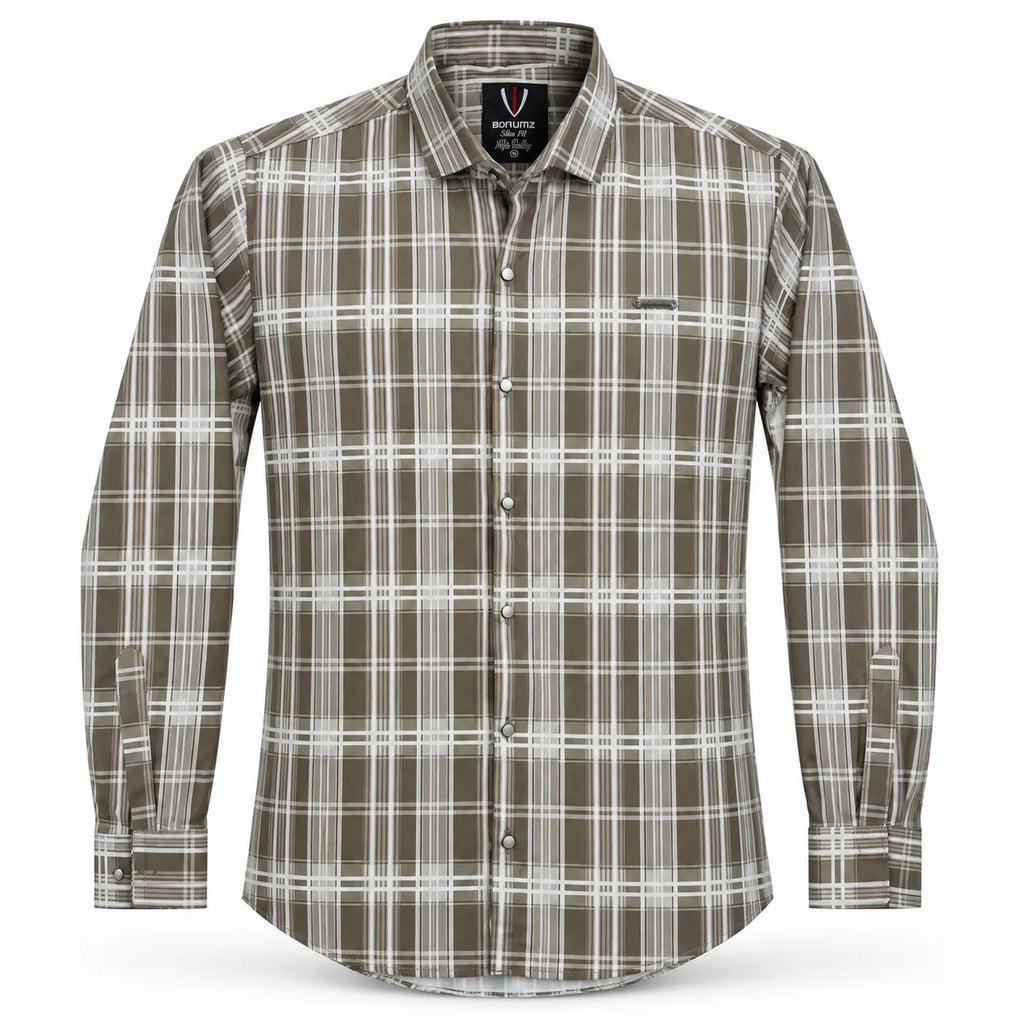 Urban Taupe Windowpane Green Check Shirt | Slim Fit