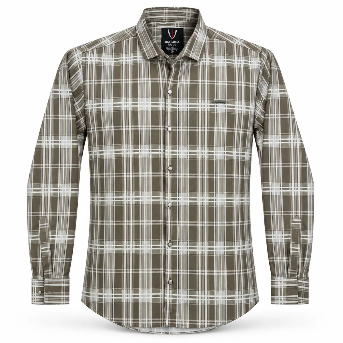 Urban Taupe Windowpane Green Check Shirt | Slim Fit