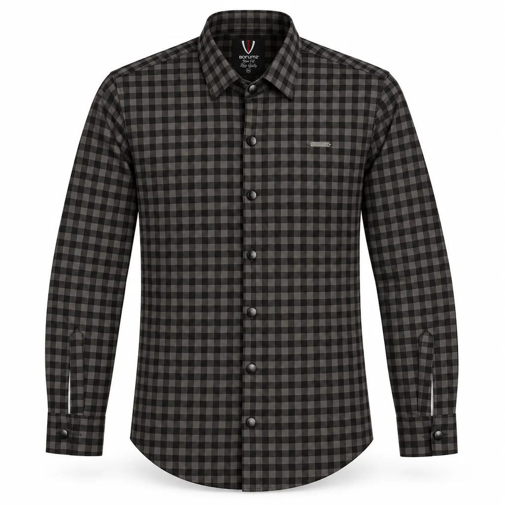 Midnight Charcoal Gingham Checkered Shirt | Slim Fit