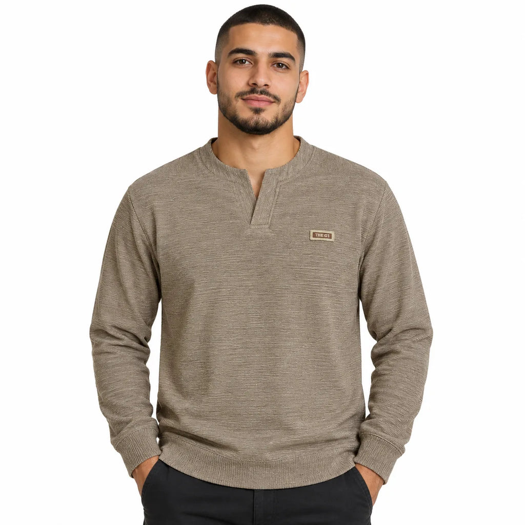 Mocha Brown Textured Split-Neck Full Sleeve tee | Relaxed Fit