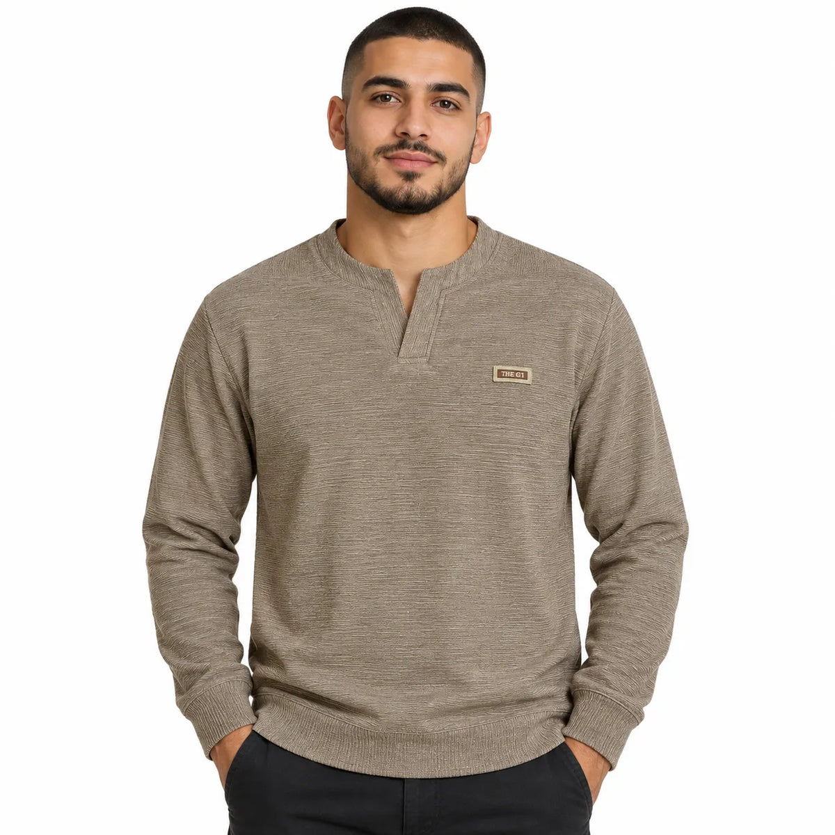 Mocha Brown Textured Split-Neck Full Sleeve tee | Relaxed Fit