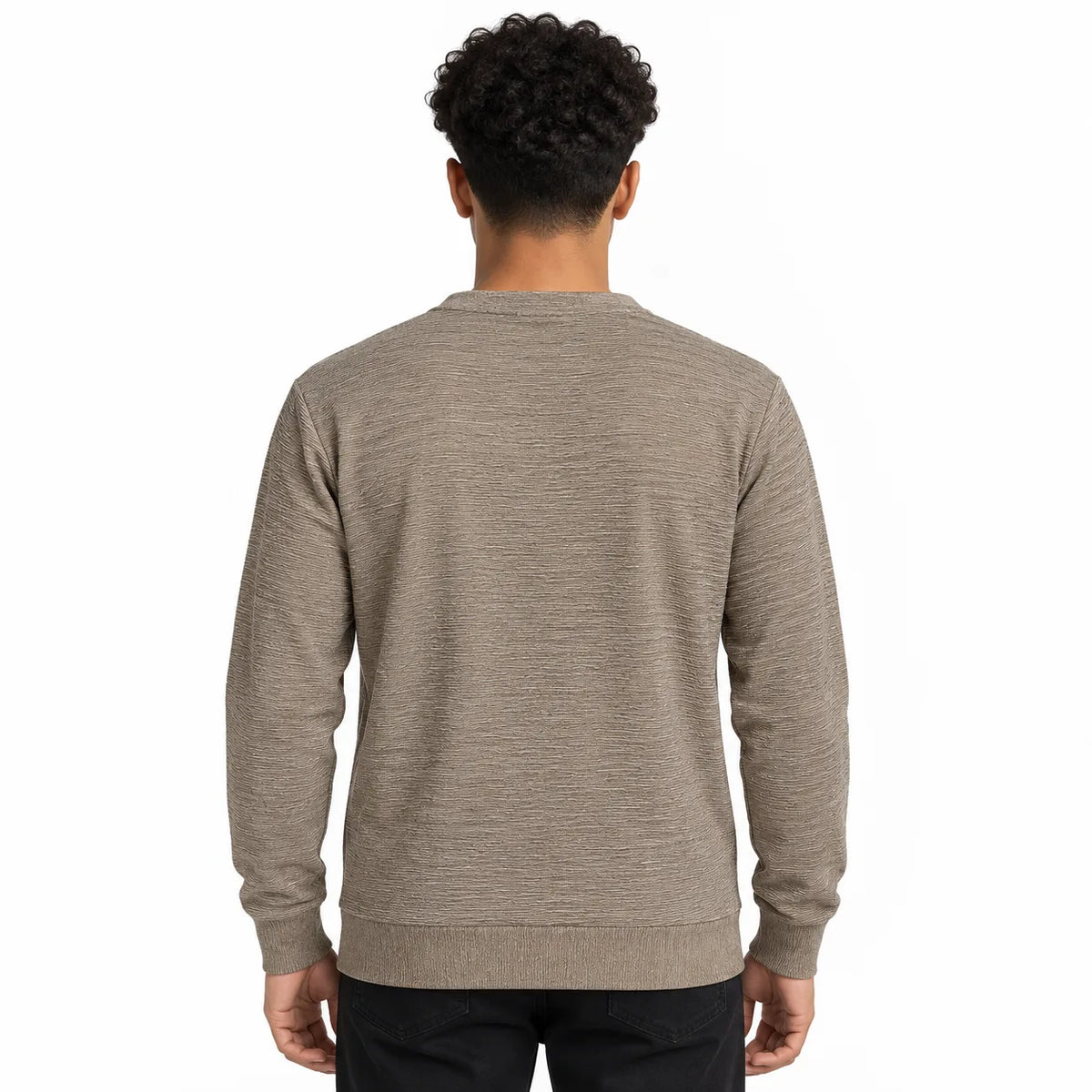 Mocha Brown Textured Split-Neck Full Sleeve tee | Relaxed Fit