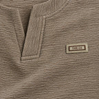 Mocha Brown Textured Split-Neck Full Sleeve tee | Relaxed Fit