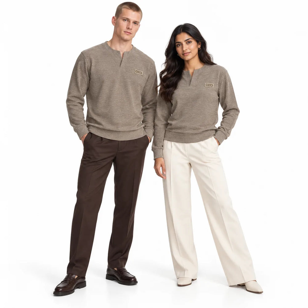 Mocha Brown Textured Split-Neck Full Sleeve tee | Relaxed Fit