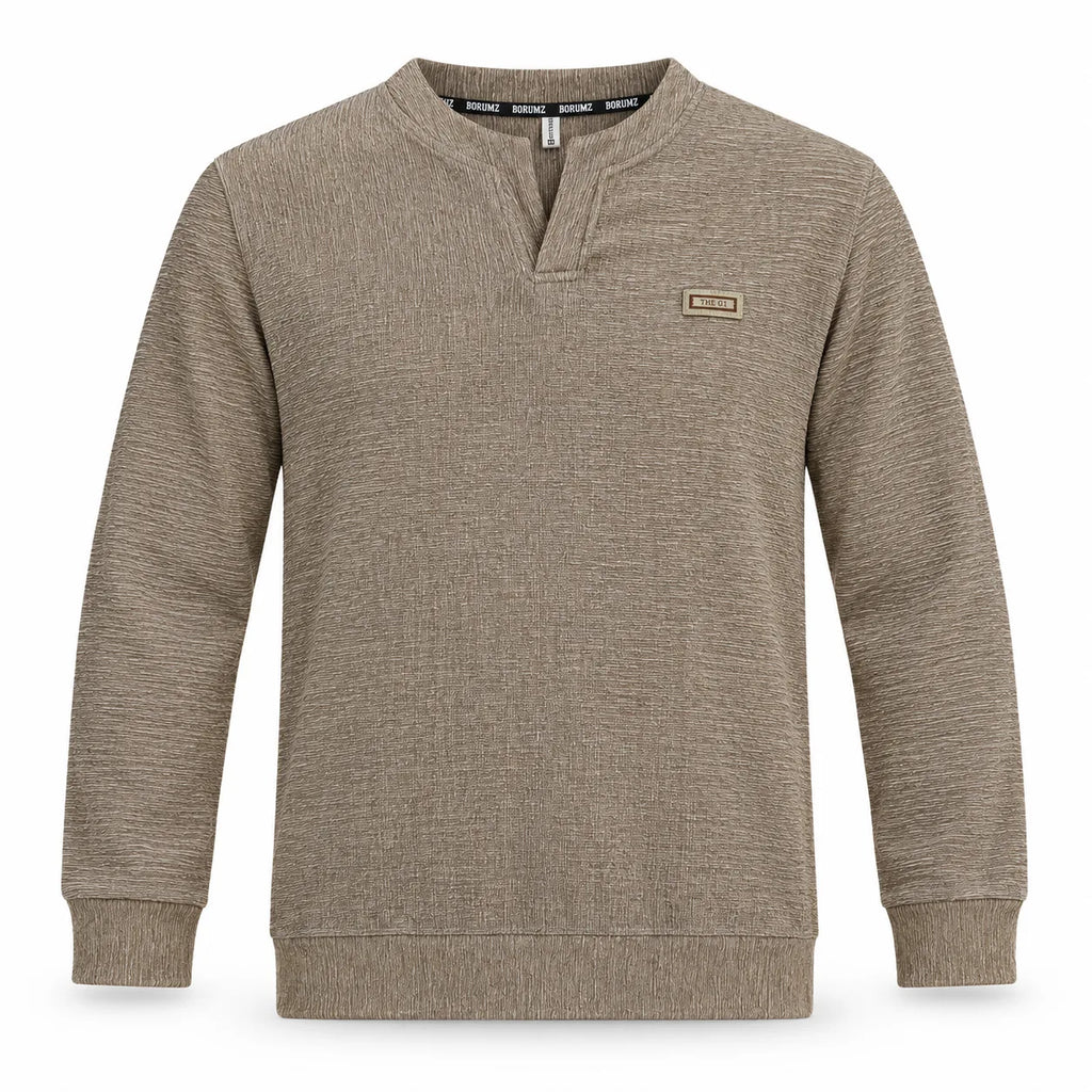 Mocha Brown Textured Split-Neck Full Sleeve tee | Relaxed Fit