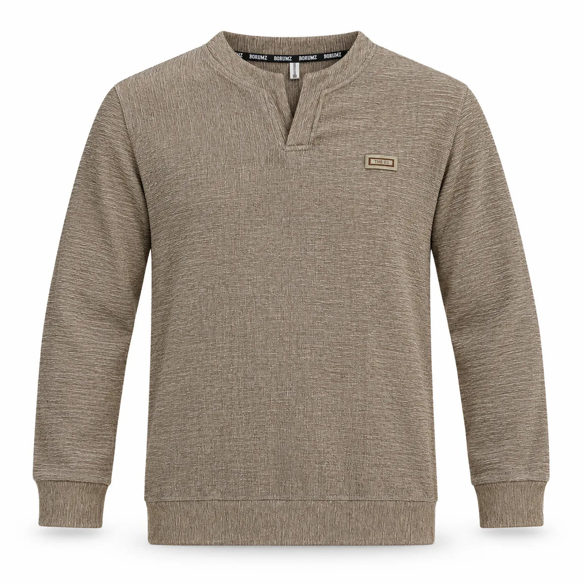 Mocha Brown Textured Split-Neck Full Sleeve tee | Relaxed Fit