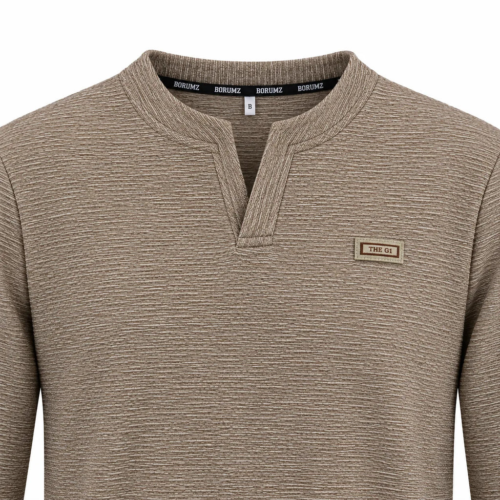 Mocha Brown Textured Split-Neck Full Sleeve tee | Relaxed Fit