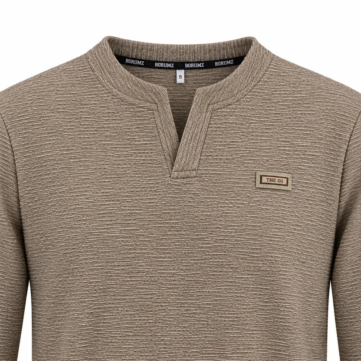 Mocha Brown Textured Split-Neck Full Sleeve tee | Relaxed Fit