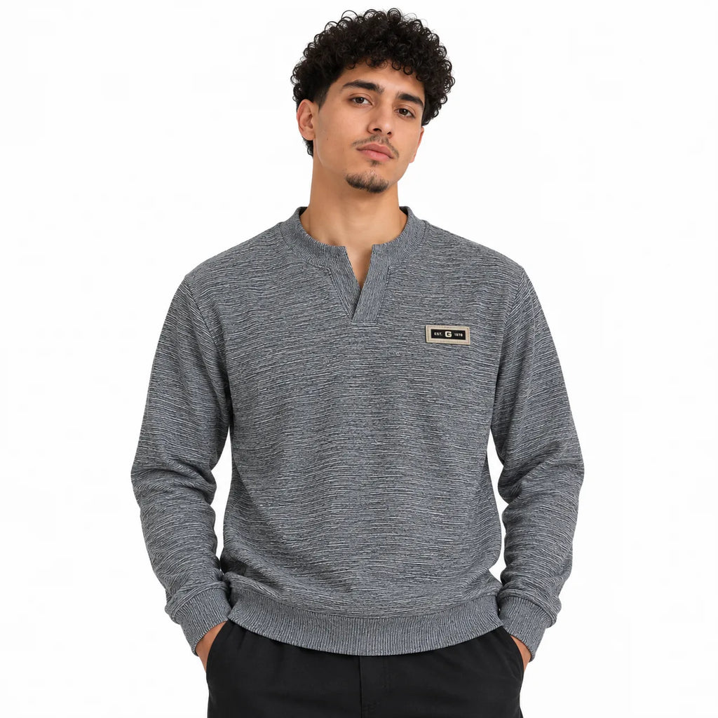 Ash Grey Textured Split-Neck Full Sleeve tee | Relaxed Fit