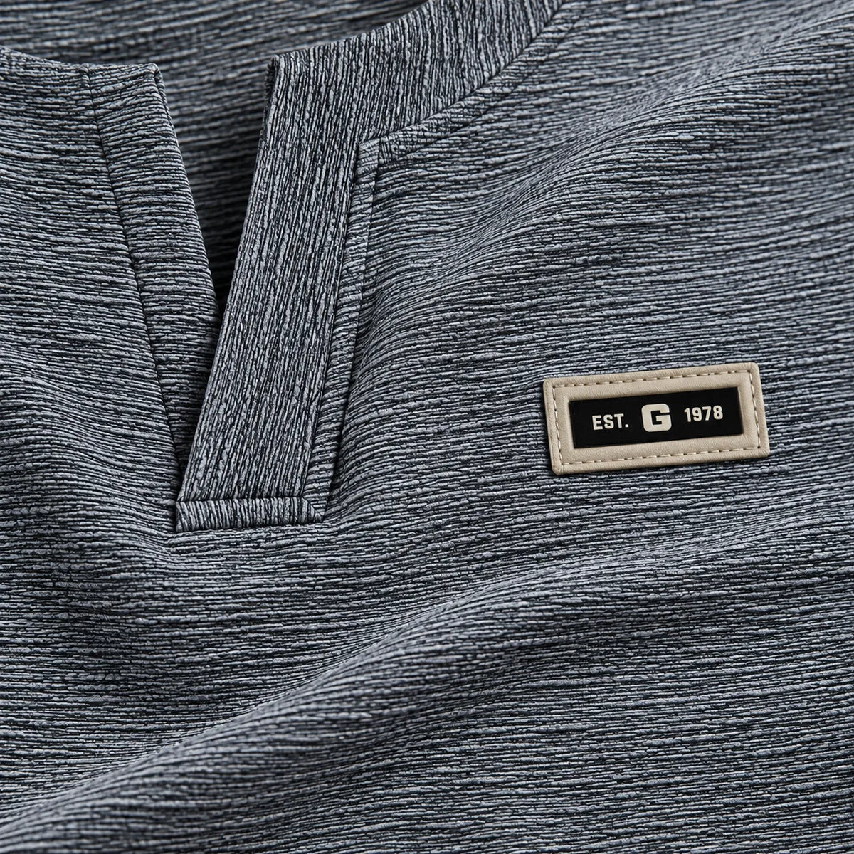 Ash Grey Textured Split-Neck Full Sleeve tee | Relaxed Fit