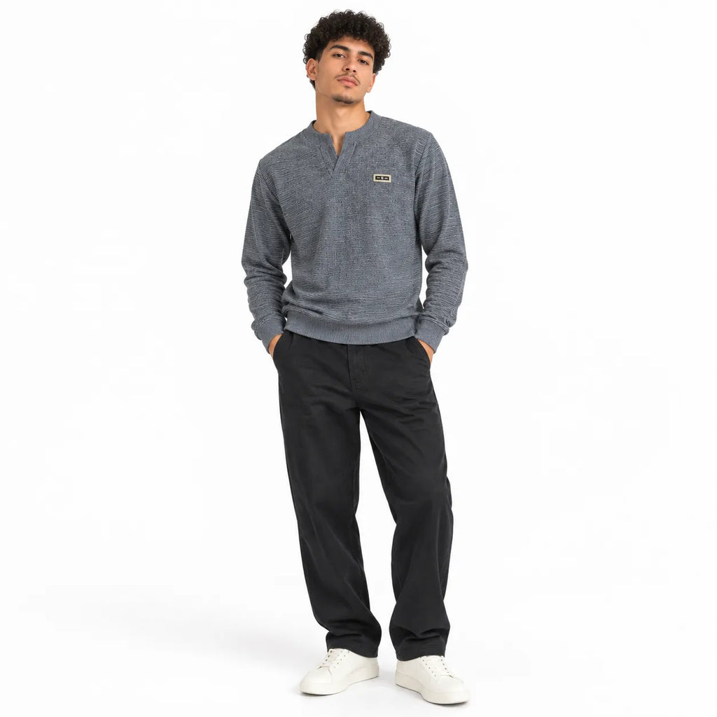 Ash Grey Textured Split-Neck Full Sleeve tee | Relaxed Fit