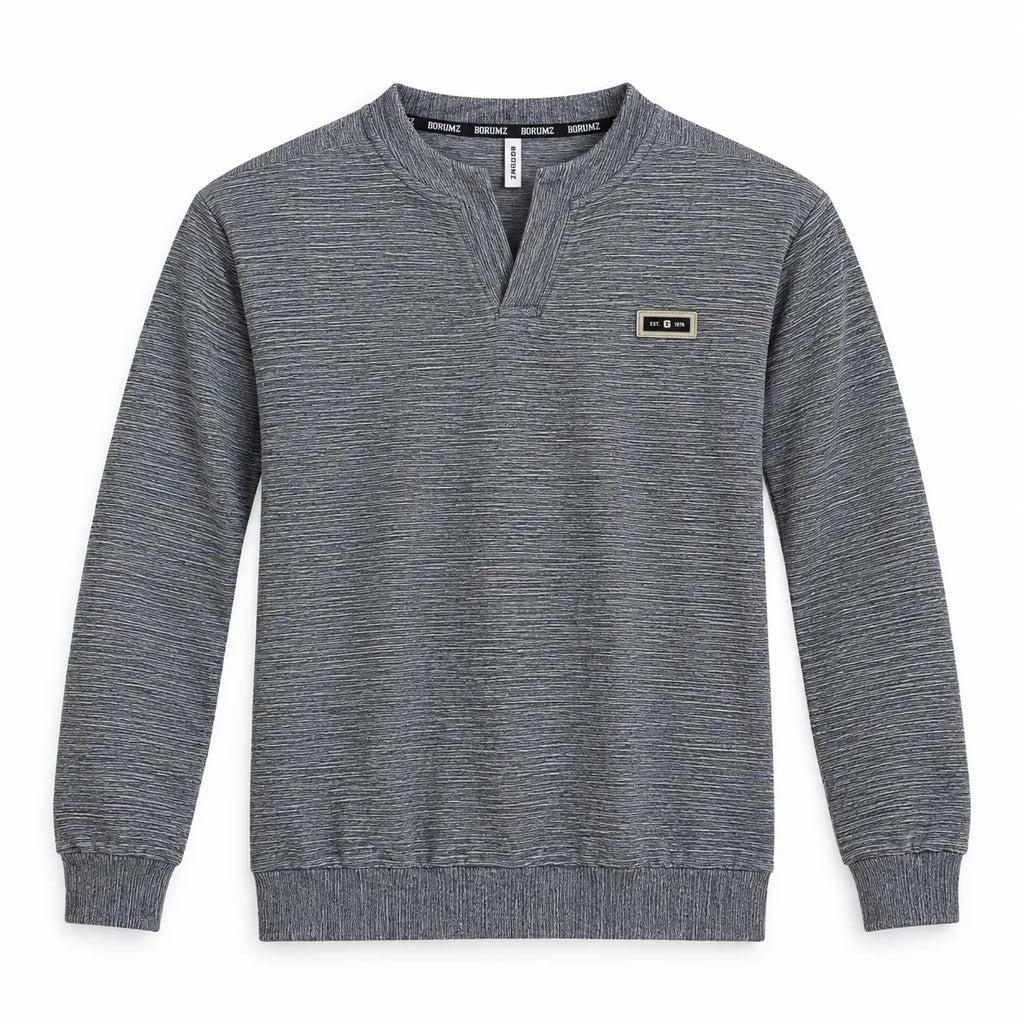 Ash Grey Textured Split-Neck Full Sleeve tee | Relaxed Fit