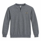 Ash Grey Textured Split-Neck Full Sleeve tee | Relaxed Fit