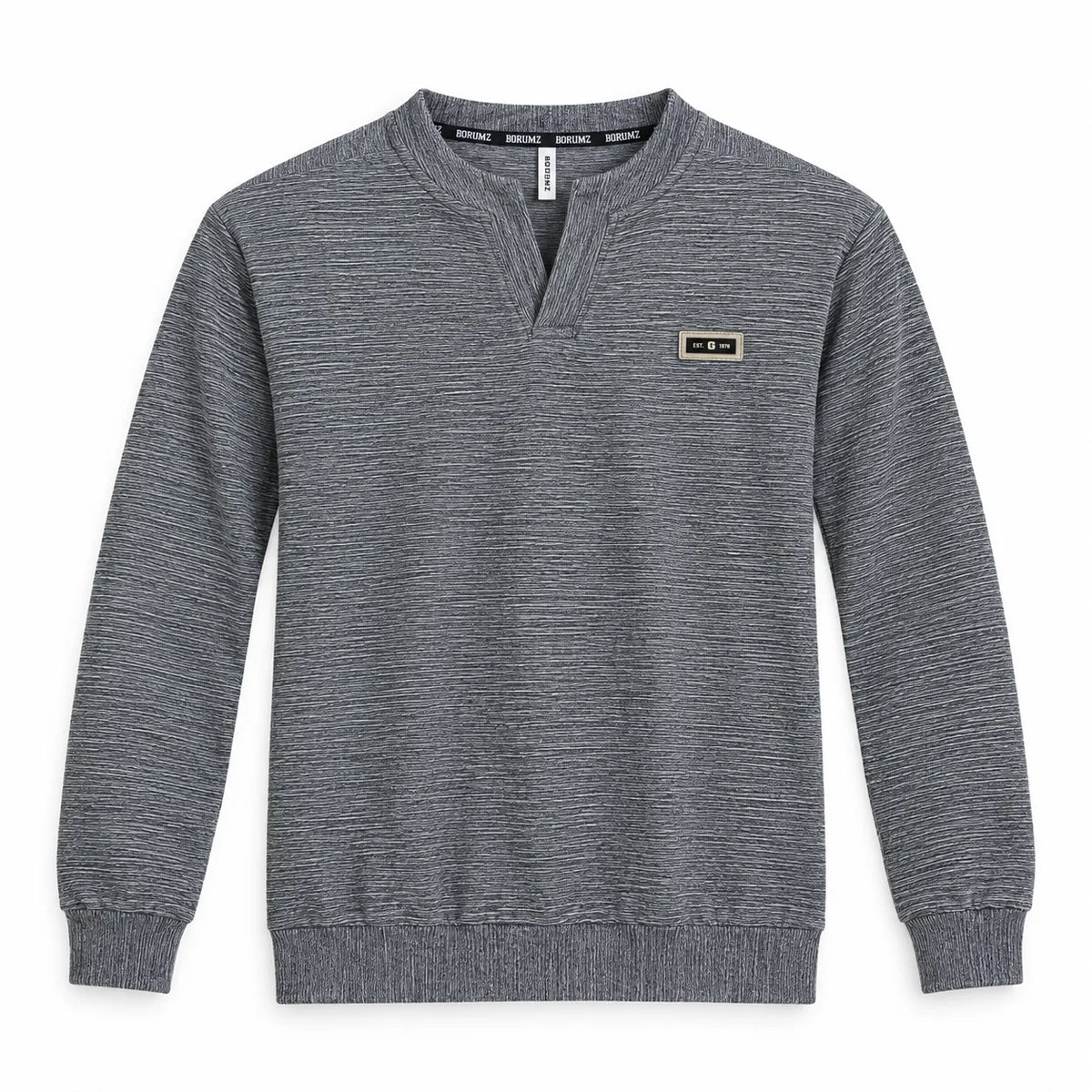 Ash Grey Textured Split-Neck Full Sleeve tee | Relaxed Fit