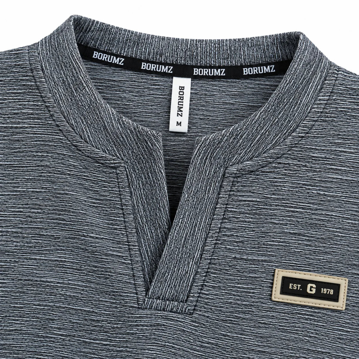Ash Grey Textured Split-Neck Full Sleeve tee | Relaxed Fit