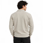 Stone Beige Jacquard Quarter-Zip Full Sleeve Tee | Relaxed Fit