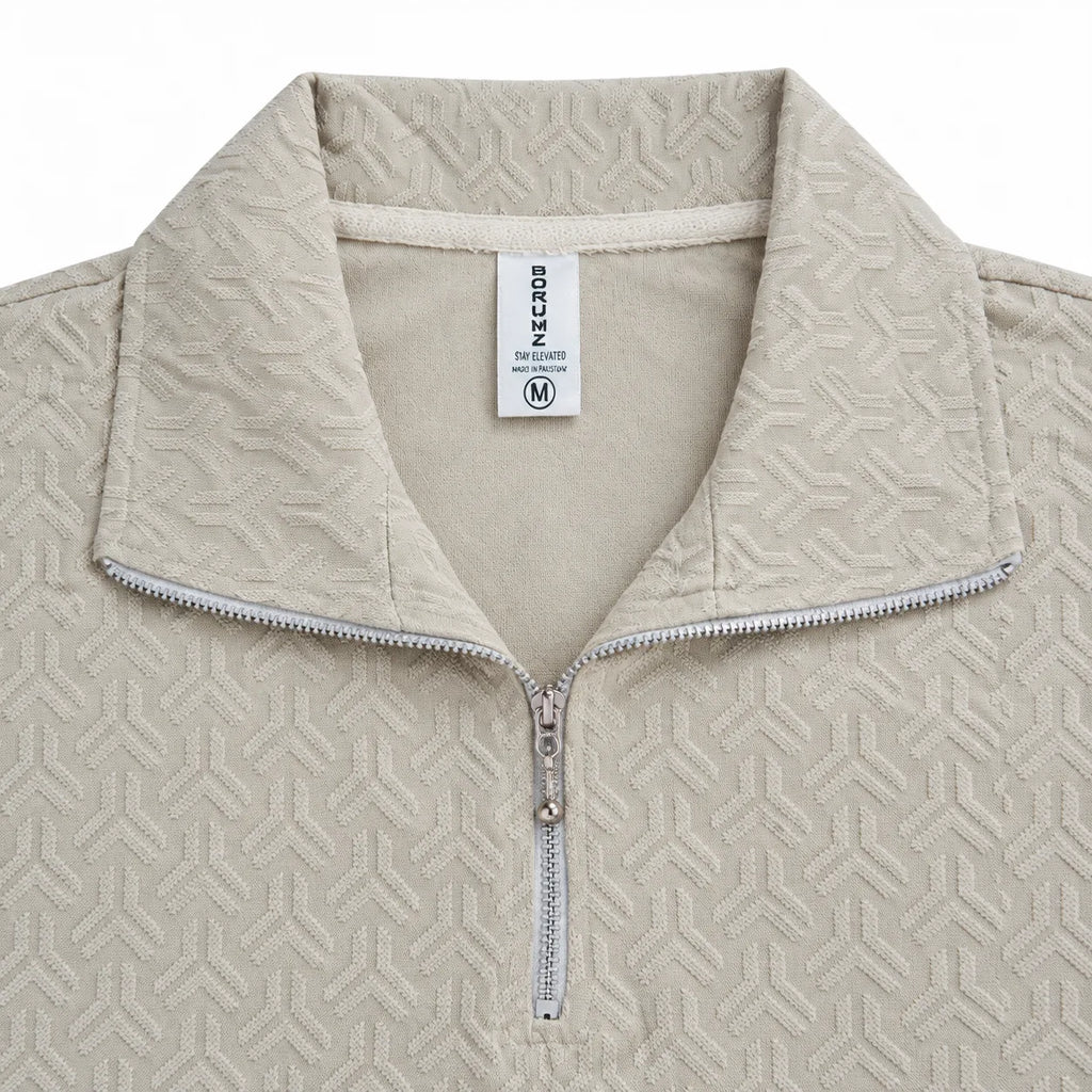 Stone Beige Jacquard Quarter-Zip Full Sleeve Tee | Relaxed Fit