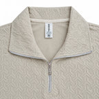 Stone Beige Jacquard Quarter-Zip Full Sleeve Tee | Relaxed Fit
