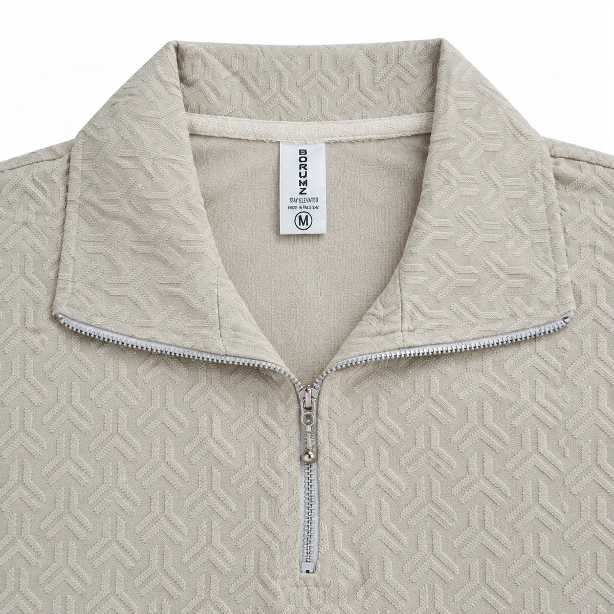 Stone Beige Jacquard Quarter-Zip Full Sleeve Tee | Relaxed Fit