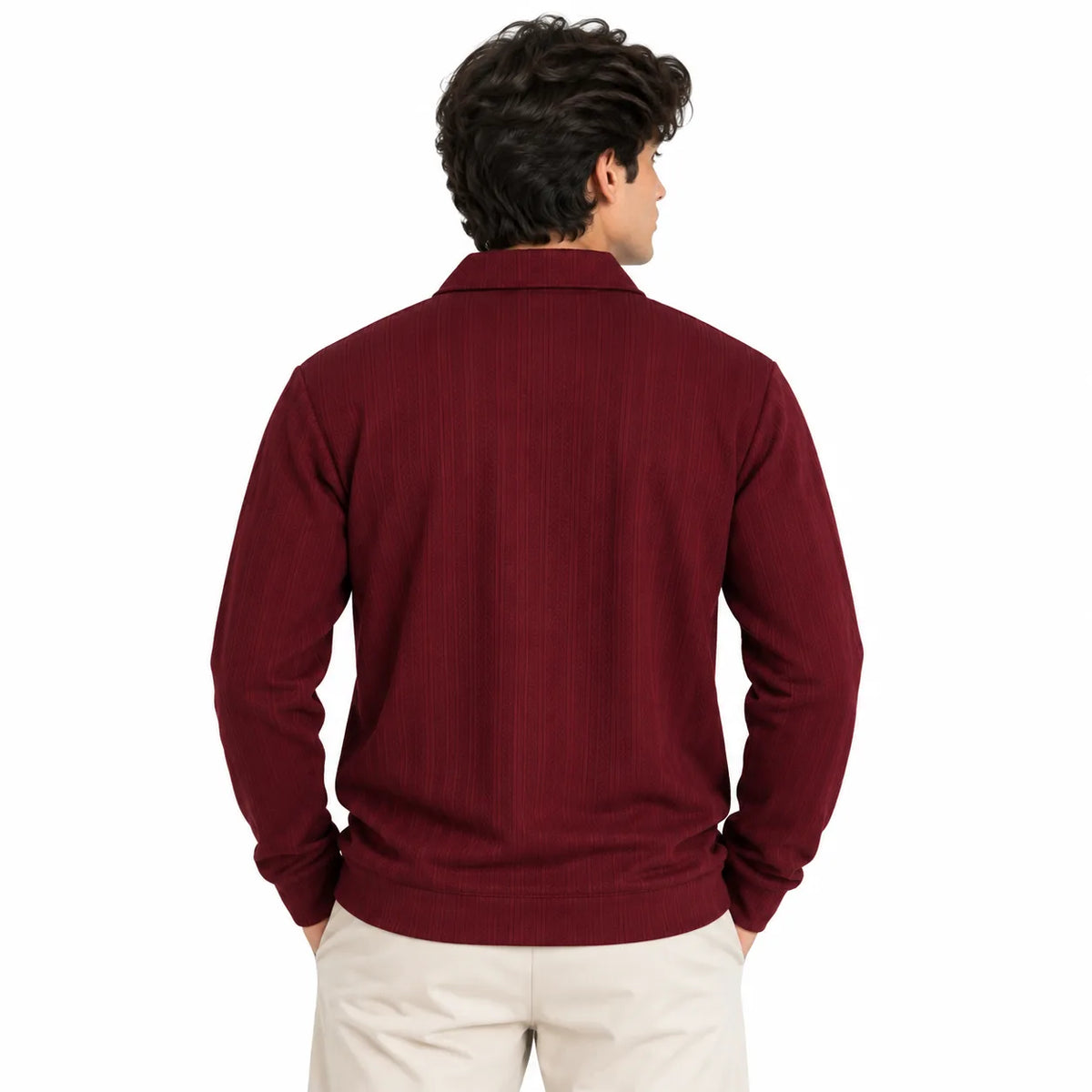 Maroon Jacquard Quarter-Zip Full Sleeve Tee | Relaxed Fit