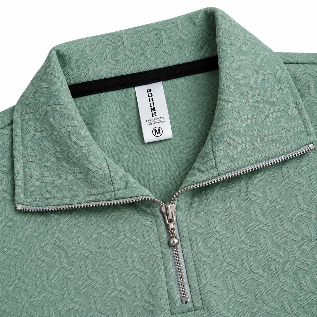 Sage Green Jacquard Quarter-Zip Full Sleeve Tee | Relaxed Fit