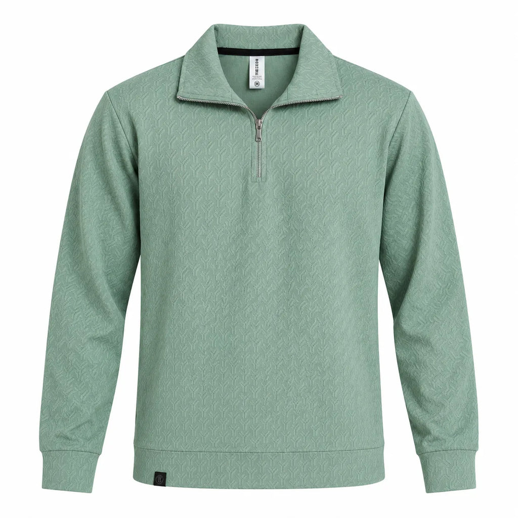 Sage Green Jacquard Quarter-Zip Full Sleeve Tee | Relaxed Fit