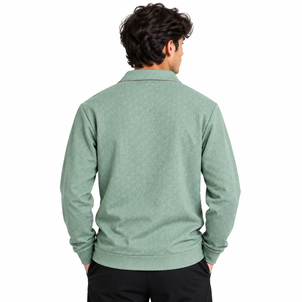Sage Green Jacquard Quarter-Zip Full Sleeve Tee | Relaxed Fit