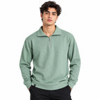 Sage Green Jacquard Quarter-Zip Full Sleeve Tee | Relaxed Fit