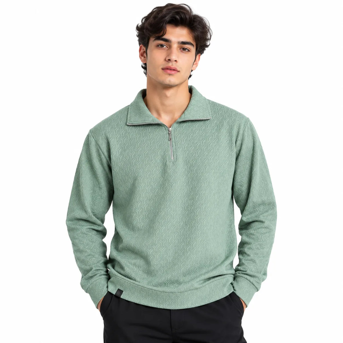 Sage Green Jacquard Quarter-Zip Full Sleeve Tee | Relaxed Fit