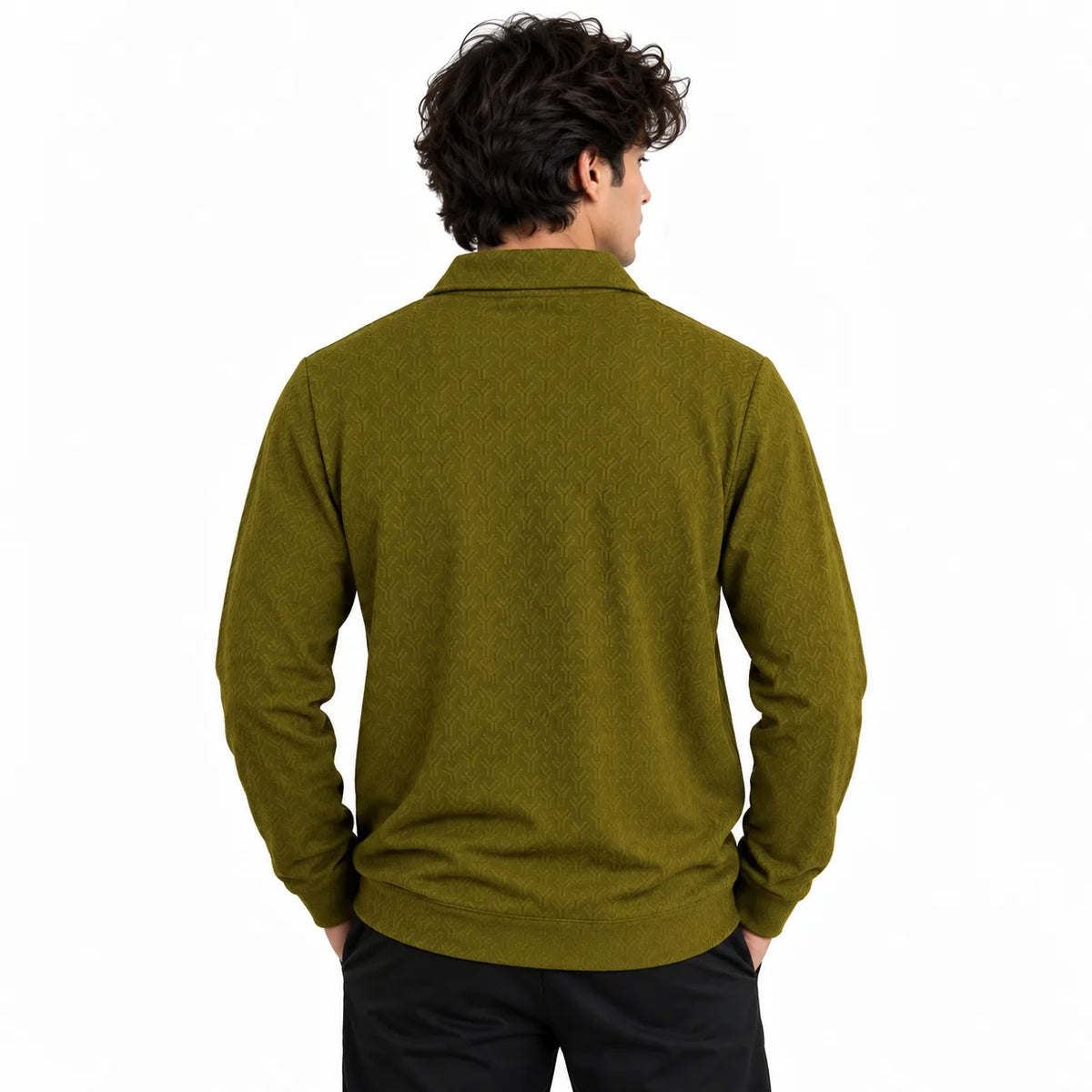 Olive Jacquard Quarter-Zip Full Sleeve Tee | Relaxed Fit