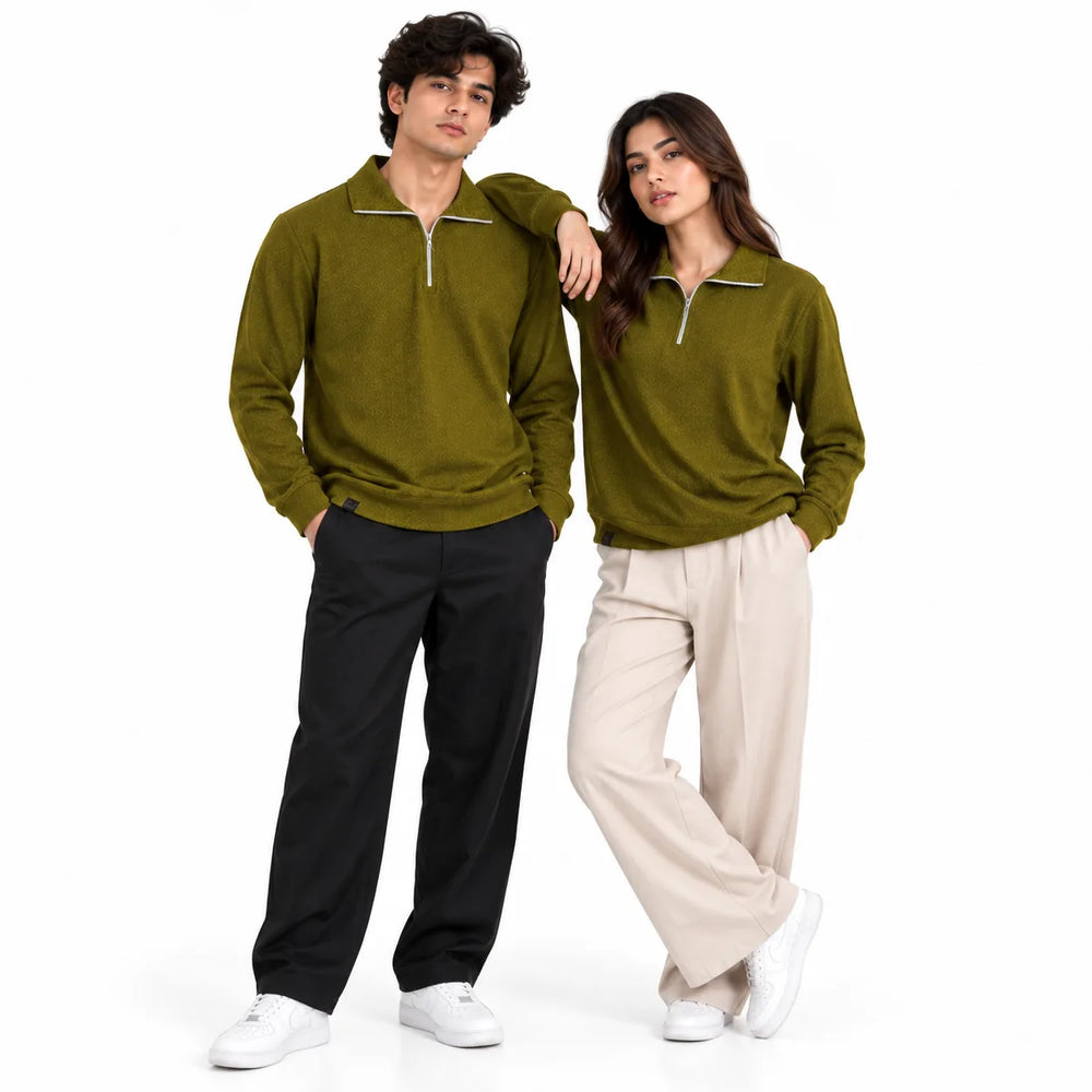Olive Jacquard Quarter-Zip Full Sleeve Tee | Relaxed Fit