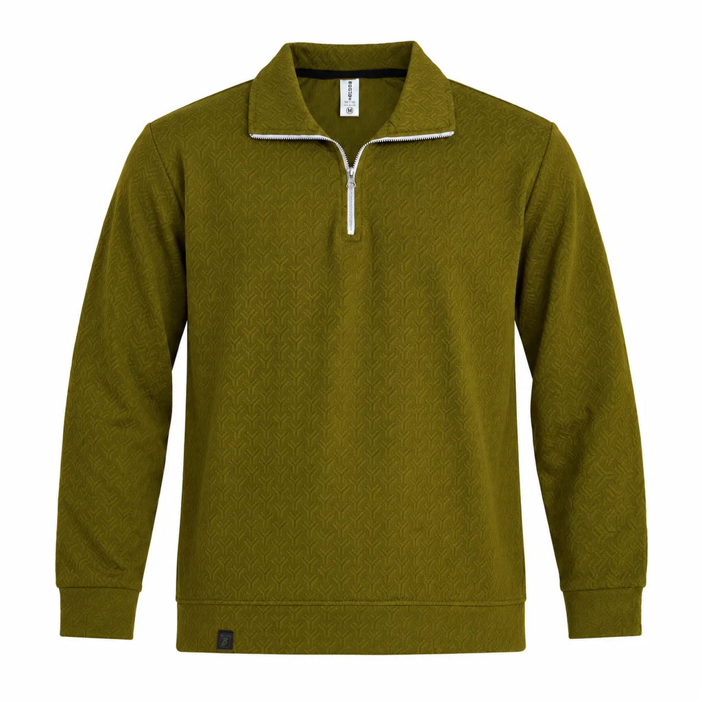 Olive Jacquard Quarter-Zip Full Sleeve Tee | Relaxed Fit